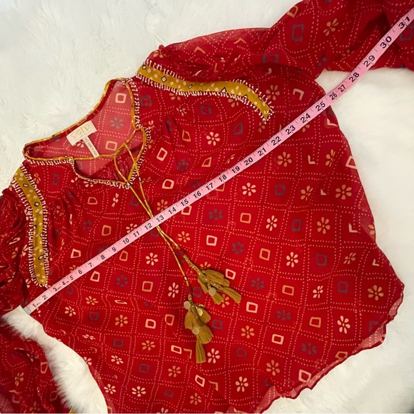 Verb Pallavi Lulita Anthropologie Semi Sheer Brick Red Peasant Blouse Top - Picture 13 of 16